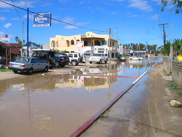 Main Street of Los Barriles, flooded after a few days of rain