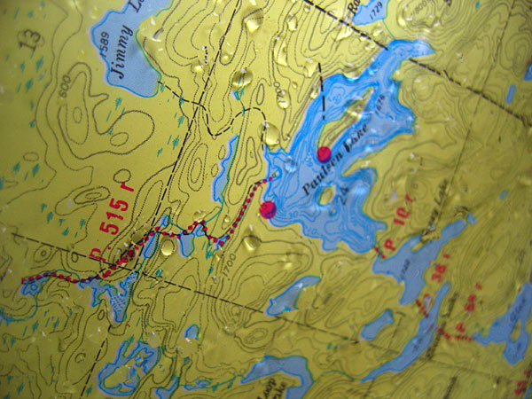 A wet map showing the Jap Portage, BWCA, Minnesota